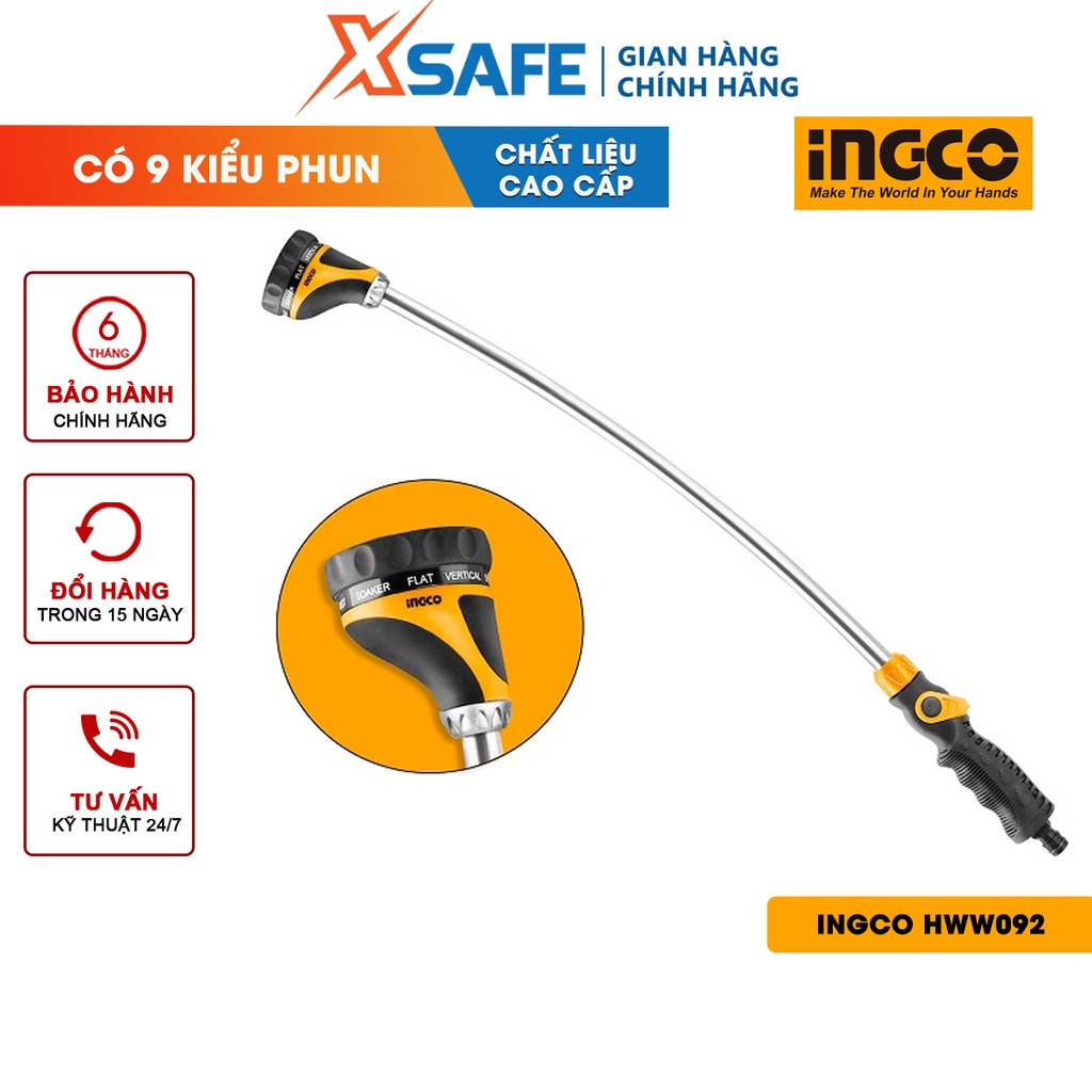 Vòi phun nước tưới INGCO HWW092 đầu kim loại, 9 kiểu phun, điều chỉnh được góc phun