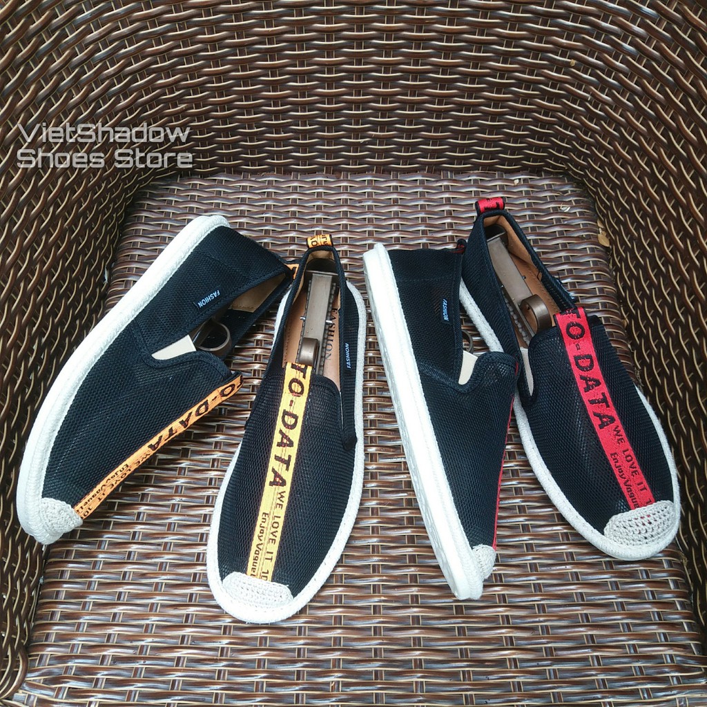 Slip on nam - Giày lười vải nam cao cấp - Vải lưới đen sọc vàng - Mã SP 2912 | BigBuy360 - bigbuy360.vn