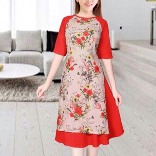 Set áo dài cách tân hoa kèm váy xoè bao đẹp size m l xl