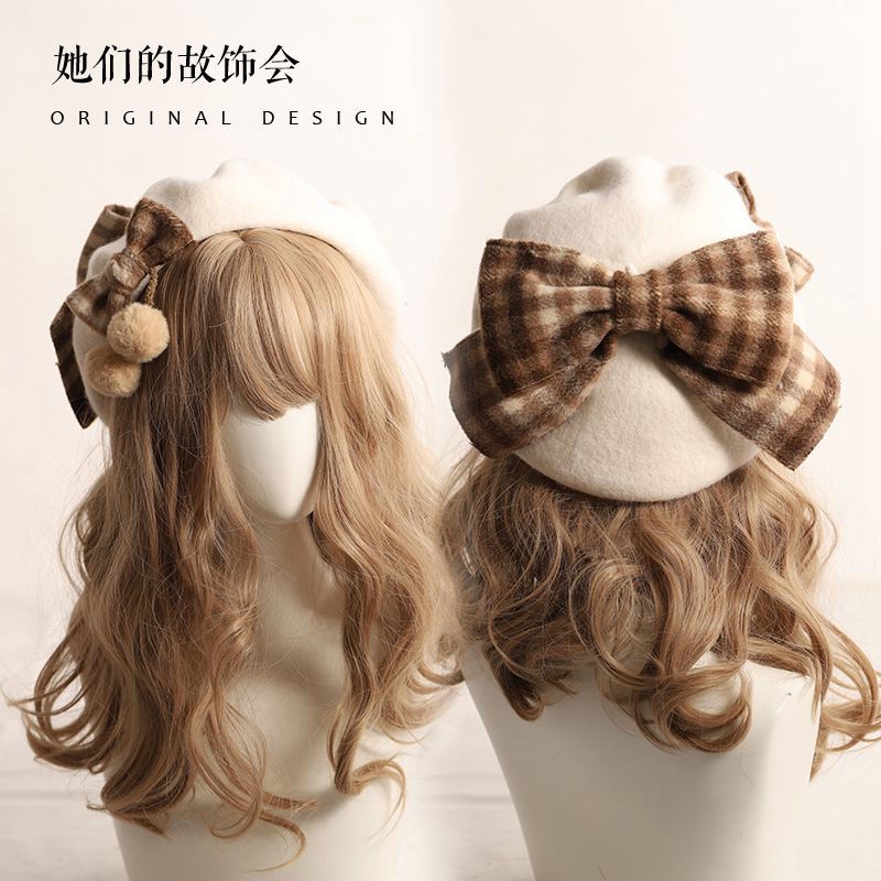 Mũ Beret Họa Tiết Sọc Caro Đính Nơ To Thời Trang Mùa Đông Theo Phong Cách Nhật Bản Cho Nữ Dễ Thương