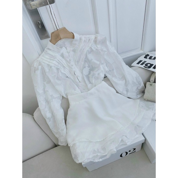 SET ÁO SƠMI GẤM HOA VOAN NỔI TRẮNG CHÂN VÁY 2 LỚP KÈM ẢNH THẬT