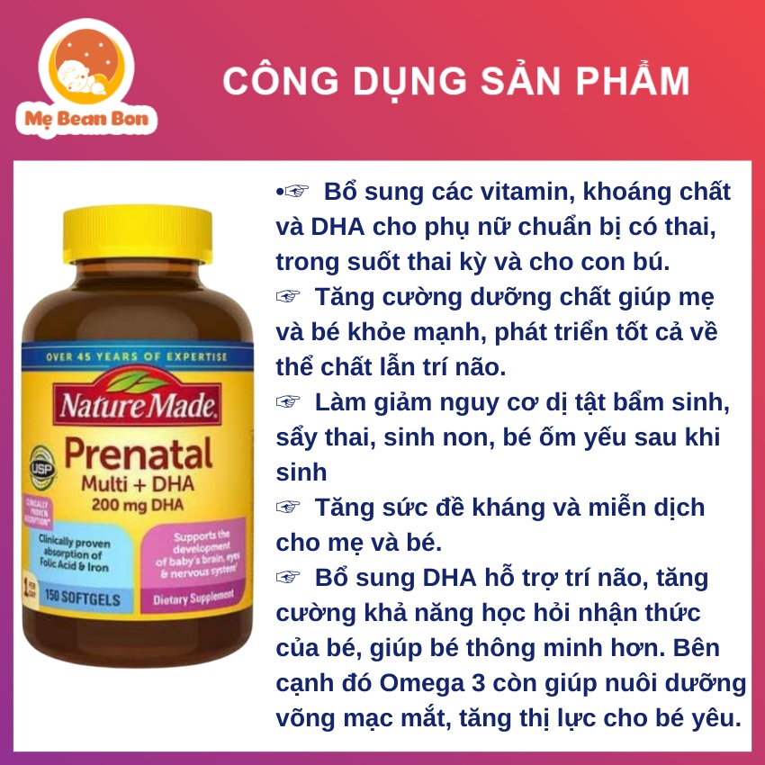 vitamin tổng hợp cho bà bầu Nature Made Prenatal Multi - DHA 200mg 150 viên của Mỹ Cho Bà Bầu trước và sau sinh