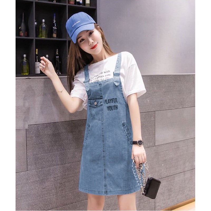 đầm yếm jean 2 dây wash cào phối chữ bao xinh