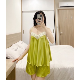 Bộ ngủ 2 dây lụa trơn - cổ ren