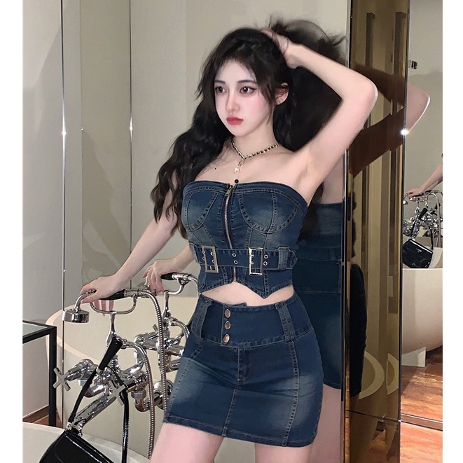 Bộ Áo Denim Không Tay + Chân Váy Denim Eo Cao Phong Cách Retro Trung Hoa Độc Đáo Thời Trang Mùa Hè Cho Nữ