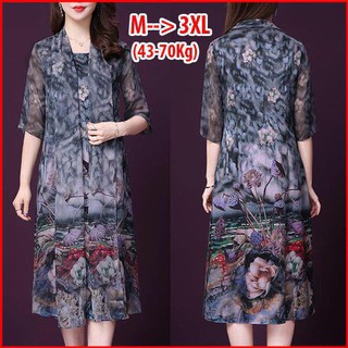 Đầm dự tiệc trung niên - Đầm suông giả khoác in hoa sen