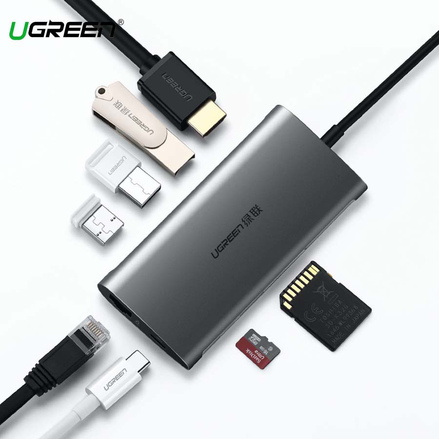 [Mã 254ELSALE giảm 7% đơn 300K] HUB đa năng USB-C sang HDMI/Ethernet/USB 3.0/Card SD/TF Ugreen 50538