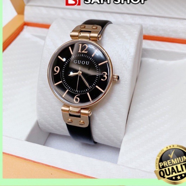 Đồng hồ nữ thời trang GUOU Dây Da Bản Nhỏ-Mặt số viền Thanh Lịch Thời Trang - Tặng pin dự phòng và hộp