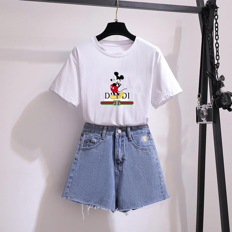 Set Áo Thun Ngắn Tay + Quần Short Jeans Lưng Cao Thời Trang Hàn Cho Nữ | BigBuy360 - bigbuy360.vn