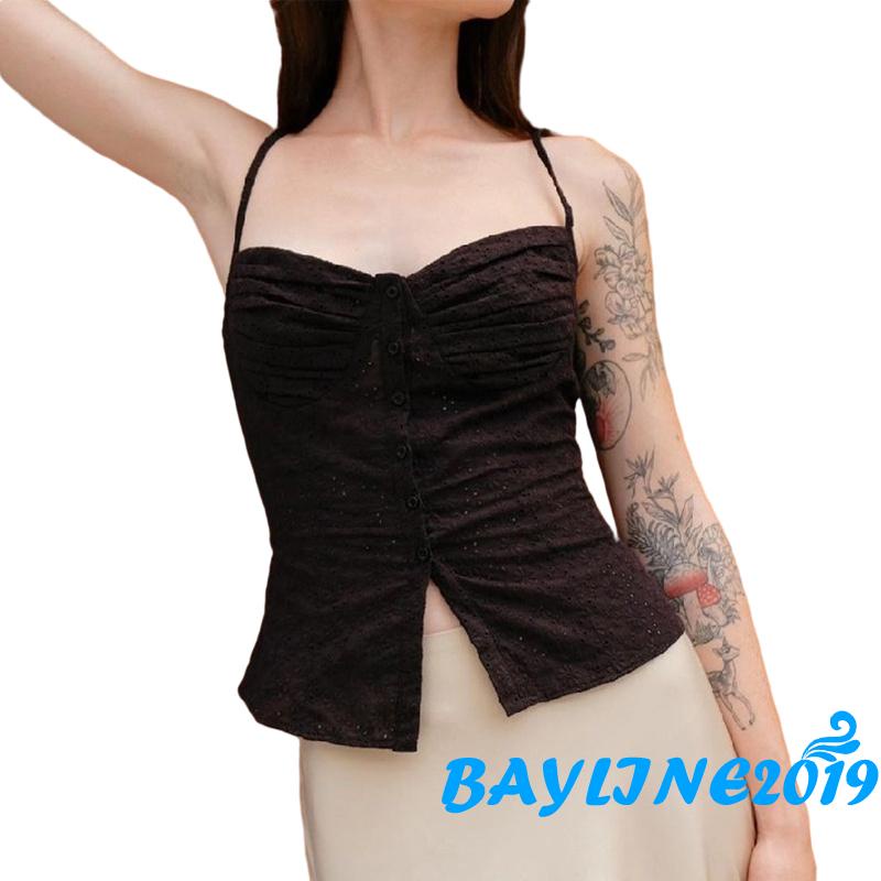 Bay- Áo Tank Top Hai Dây Spaghetti Ôm Dáng Phối Nút Rỗng Đan Móc Hình Hoa Cho Nữ