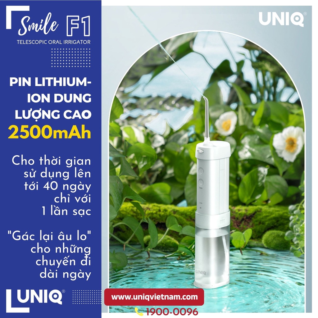 Tăm nước cầm tay UNIQ Smile F1 mini siêu nhỏ động cơ Nhật Bản cao cấp máy vệ sinh răng miệng xịt rửa làm sạch kẽ niềng