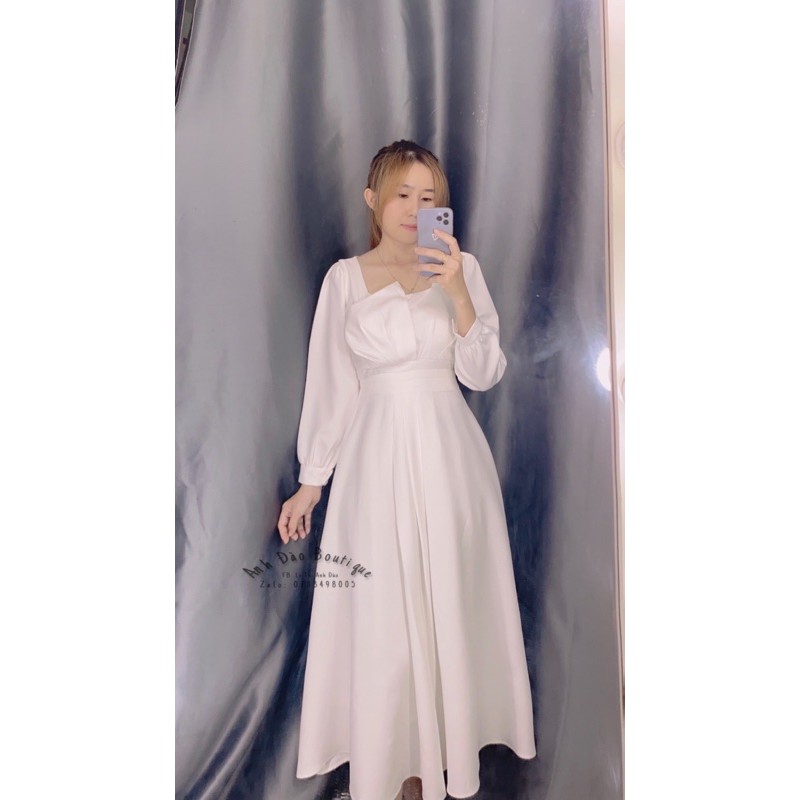 Váy đầm Vintage dự tiệc sang trọng dáng maxi ngực xẻ tay dài chất cotton Nhật đẹp V0034 màu trắng đỏ DENI DRESS | BigBuy360 - bigbuy360.vn