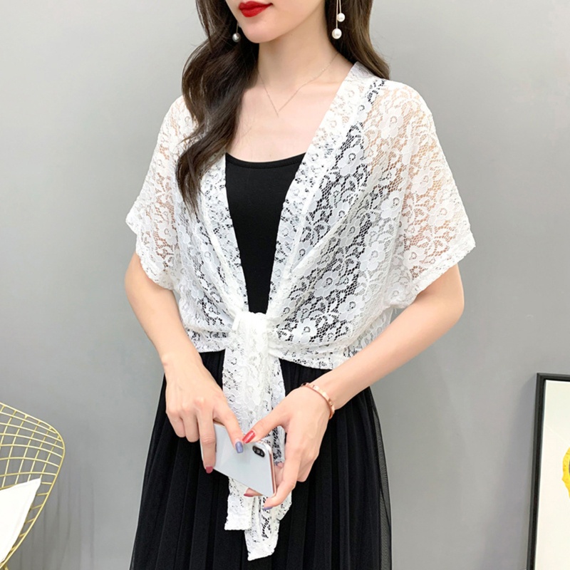 Brroa Áo Cardigan Ren Hoa Tay Ngắn Buộc Dây Phía Trước Cho Nữ