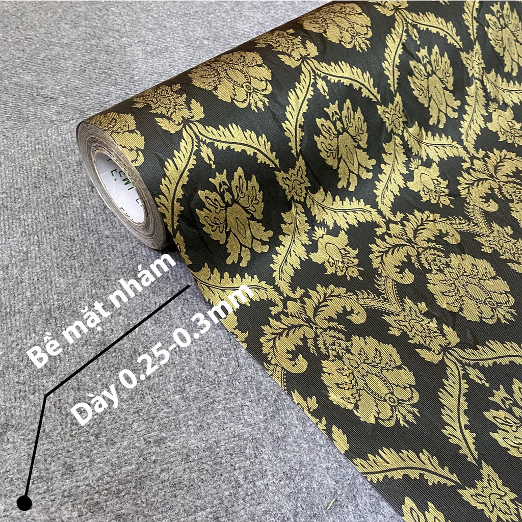 Giấy dán tường phòng ngủ khổ 60cm 1m2 hoa văn 3D, Decal miếng dán tường trang trí nhà cửa vàng đen vintage