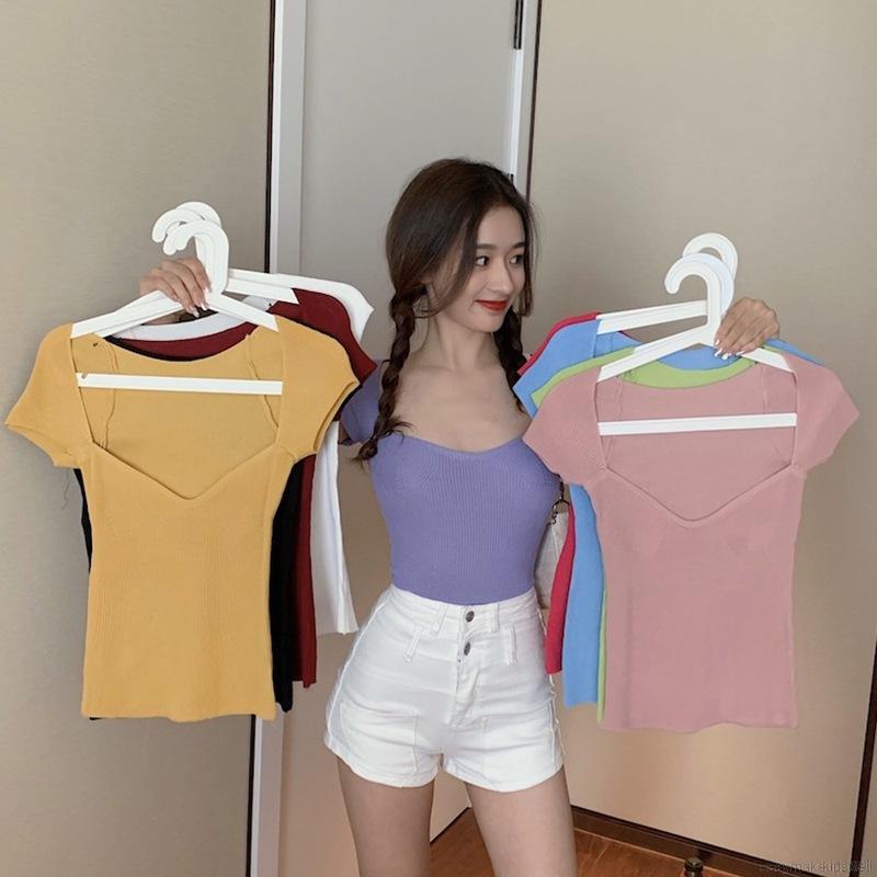 Áo kiểu dệt kim tay ngắn cổ vuông phong cách Hàn Quốc quyến rũ trẻ trung cho nữ | BigBuy360 - bigbuy360.vn