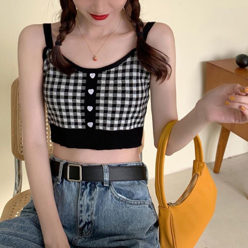 Ivy Áo Sweater Dệt Kim Hai Dây Màu Sắc Tương Phản Họa Tiết Kẻ Sọc Phối Nút Phía Trước Phong Cách Pháp Thời Trang