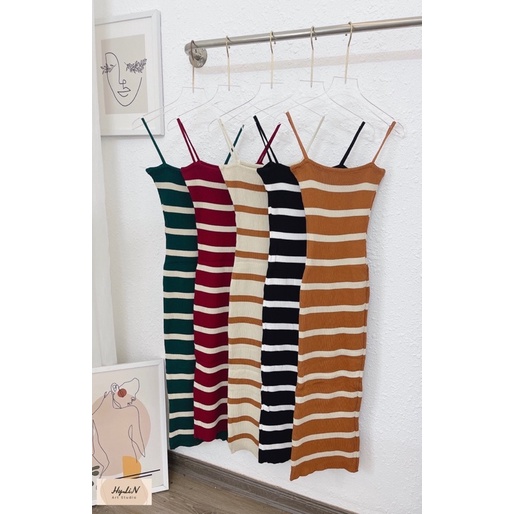 Váy body len kẻ ngang 2 dây dáng dài maxi, Đầm dáng ôm sexxy co giãn VL9912 - NhiNhi Shop