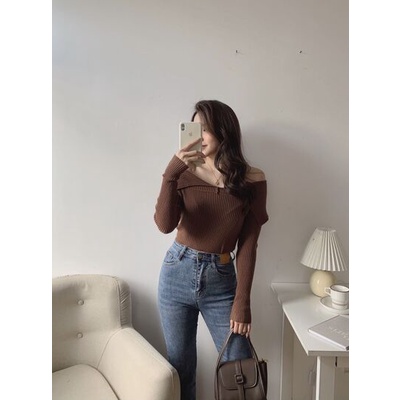 Áo len bẹt vai xẻ A-0020, áo trễ vai len gân xẻ vạt | BigBuy360 - bigbuy360.vn