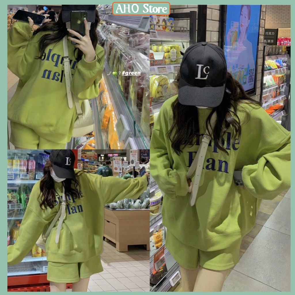 Set Bộ Nỉ Nữ 𝐒𝐈𝐌𝐏𝐋𝐄 𝐏𝐋𝐀𝐍 𝐗𝐀𝐍𝐇 𝐁𝐎̛  Áo Sweater Dài Tay Mix Quần Sooc Đùi Ống Rộng Cạp Chun Freesize