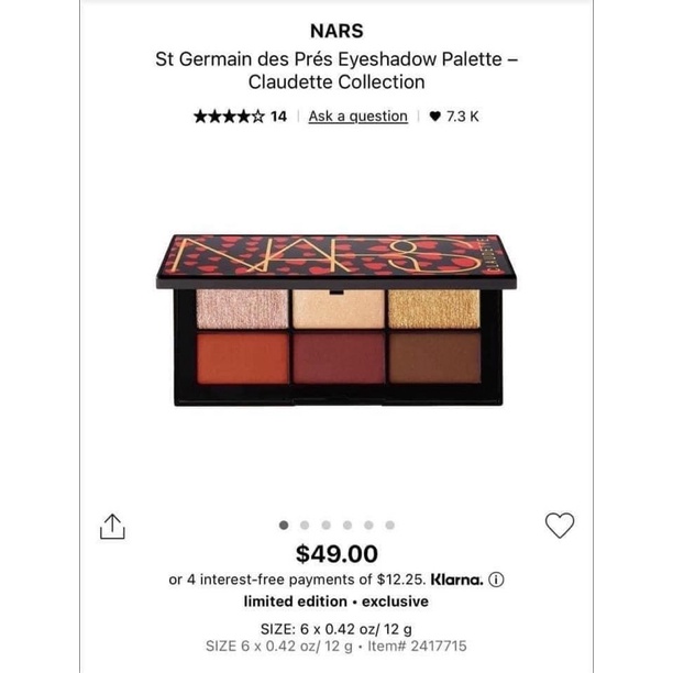 Bảng phấn mắt 6 màu - Nars Claudette St Germain des Pres Eyeshadow Palette 12g.