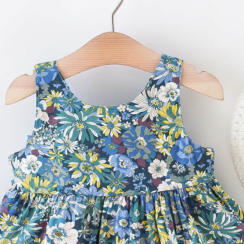 Đầm không tay đính nơ in họa tiết xinh xắn thời trang mùa hè cho bé gái từ 9 tháng đến 3 tuổi