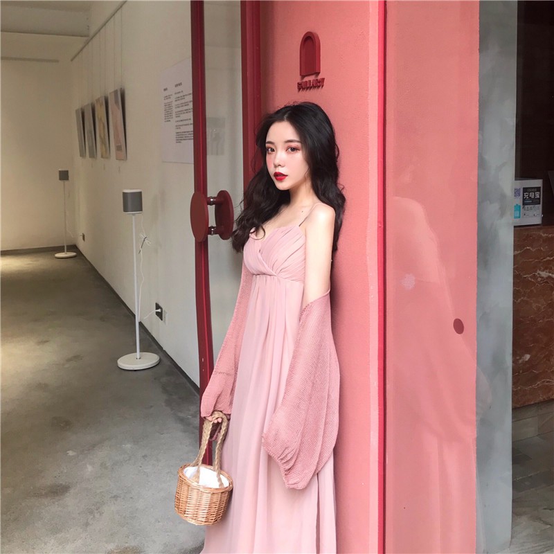 Sẵn Áo khoác len tăm + đầm hai dây xoè công chúa Pinky hàng quảng châu J0110