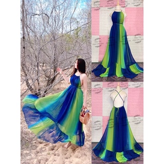 (miễn phí chỉnh váy) đầm maxi yếm hở lưng màu loang ombre mix nhiều màu cầu vồng đi biển du lịch chụp hình thiết kế