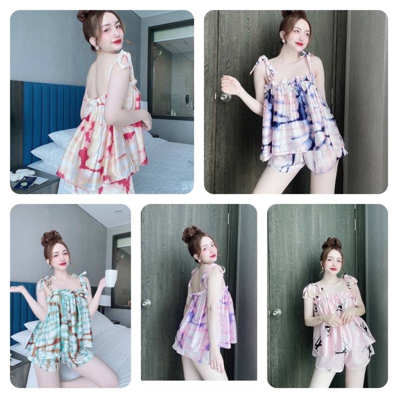 Đồ Ngủ Lụa Bigsize Sexy, Đồ Mặc Nhà 2 dây Nữ lụa satin cột vai, freesize 40_70kg, tuỳ chiều cao