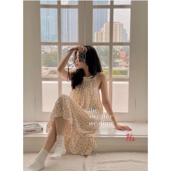 Váy 2 dây yếm đuôi cá rộng qua gối viền ren hoa nhí, có size S-XL và có ảnh video thật