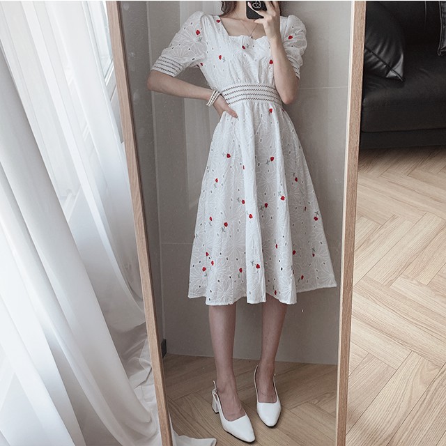 Đầm hoa phối ren tay bồng cổ vuông thanh lịch - ảnh thật ở cuối - psyche | BigBuy360 - bigbuy360.vn