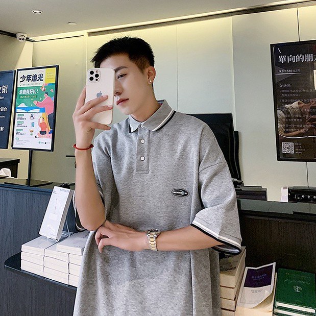 Áo thun polo ngắn tay dáng rộng kẻ sọc thời trang Hàn Quốc cho nam