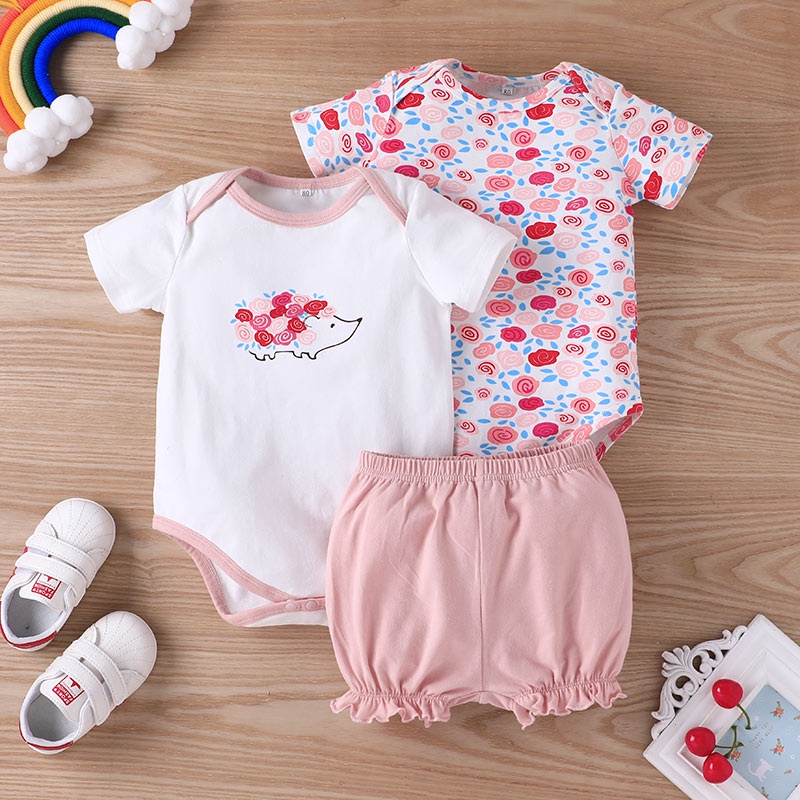 Combo bộ đồ bé gái 3-24 tháng tay ngắn In Hoa Màu Hồng bodysuit liền thân quần đùi set mùa hè thời trang cho bé trẻ em sơ sinh