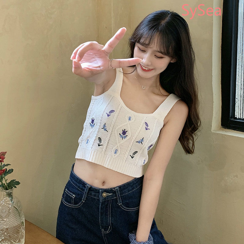 Áo Dệt Kim Hai Dây Thêu Họa Tiết Xinh Xắn Phong Cách Retro Cho Nữ