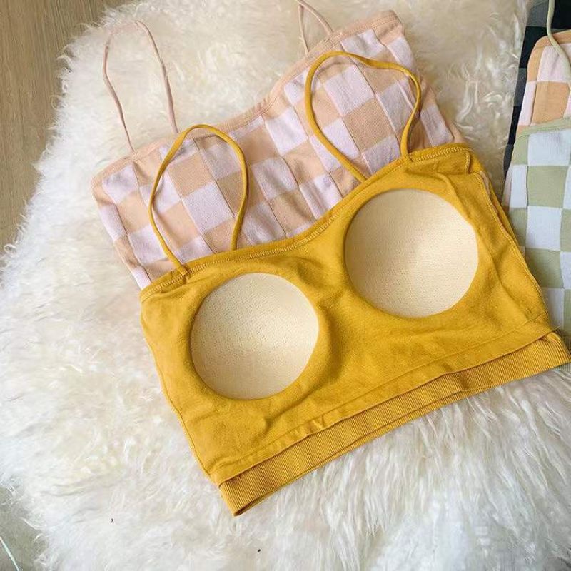 Áo bra quây ngang 2 dây mút may liền hoạ tiết caro