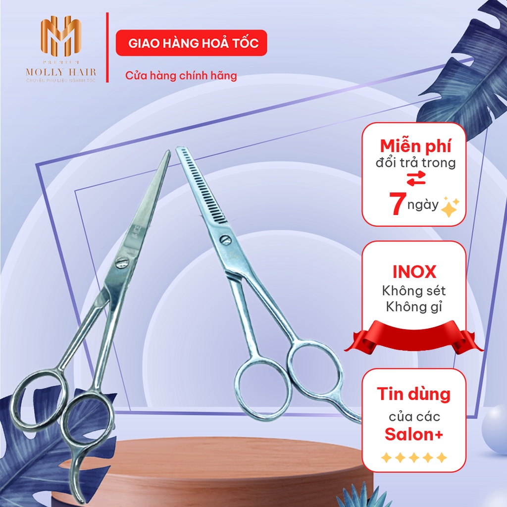 Kéo cắt tóc, kéo tỉa tóc Mollyhair, inox không gỉ lưỡi kéo sắc nhọn không bị dựt tóc
