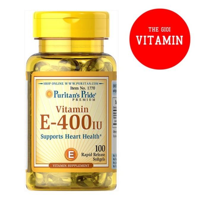 Vitamin E giúp đẹp da, chống lão hóa, hỗ trợ tim mạch Puritan's Pride Vitamin E-400 IU 100 viên