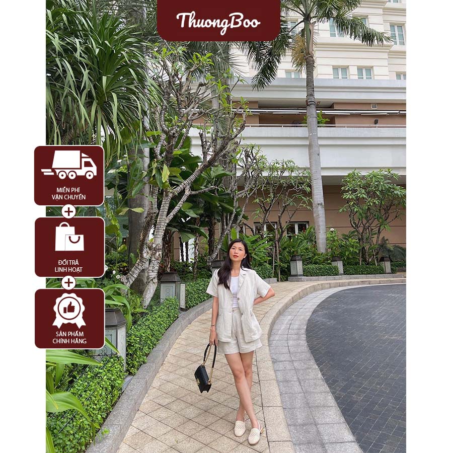 Áo Blazer Nữ Form Rộng Thuongboo Thiết Kế Tay Ngắn Chất Liệu Linen Thoáng mát Thời Trang Công Sở - Beige Linen