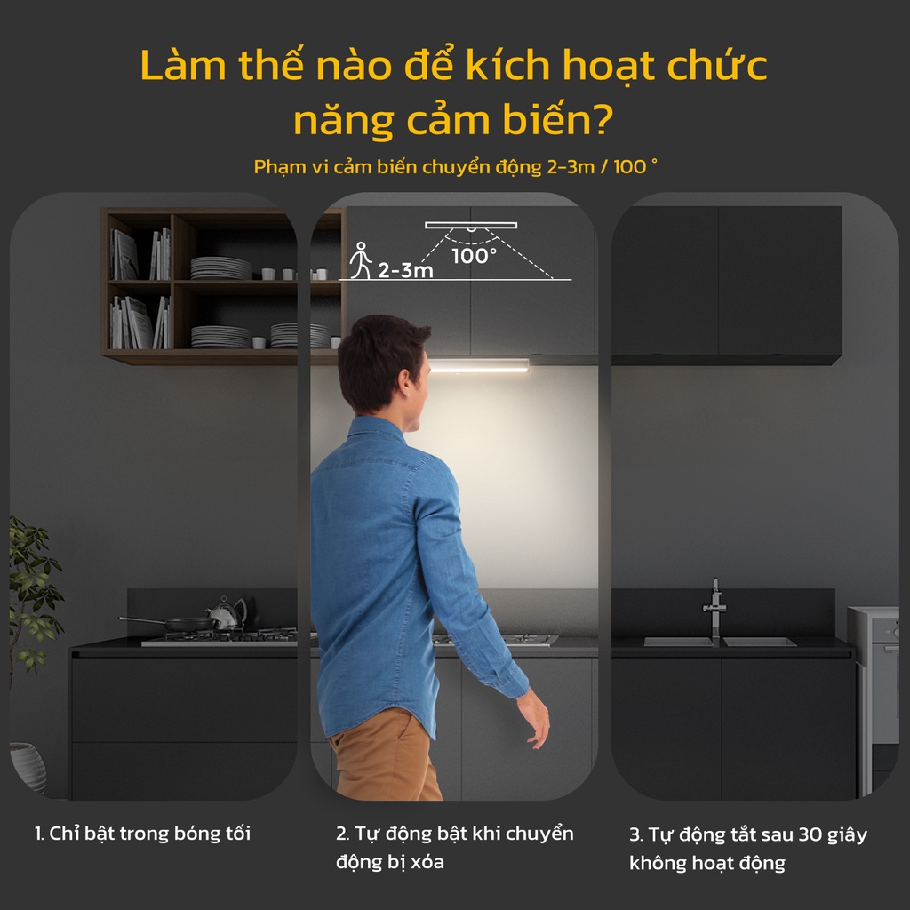 Đèn Led cảm biến HYDERSON chuyển động gắn tường cho để tủ chén/ phòng bếp/ phòng học có thể sạc usb với pin 3000mah