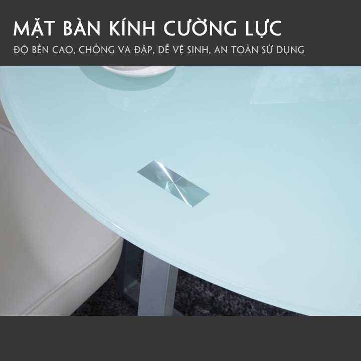 Bộ Bàn ăn mặt kính cường lực, ghế bọc da Pu, chân thép sơn tĩnh điện, kích thước D90 x R90 x C75 cm.