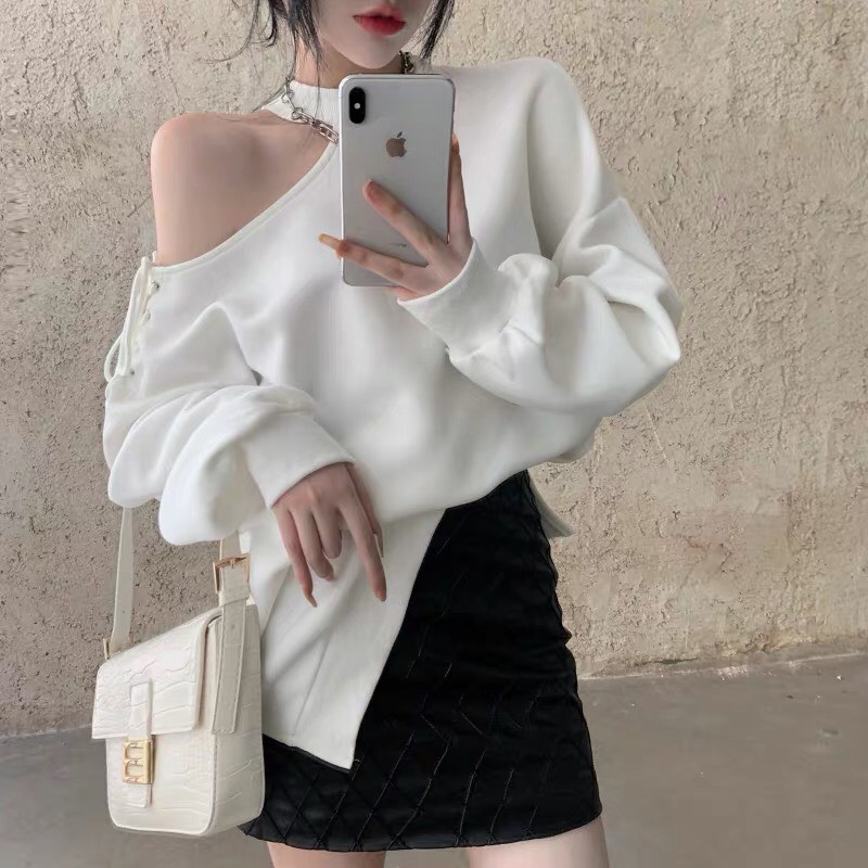 Áo nỉ nữ dây đan khoét vai dáng trùm mông 2 màu