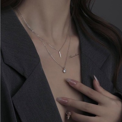 Dây chuyền bạc nữ TLEE mẫu kép thanh bạc mặt đá tròn cá tính TLEE JEWELRY D0229