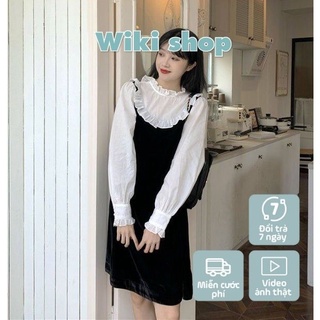 Váy đầm nữ đen phối bèo trắng Wikishop freesize form rộng dáng suông tiểu thư ulzzang hàn quốc C478