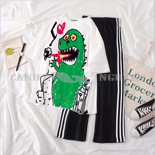 Set áo thun tay lỡ khủng Long phun lửa + quần ống rộng 3 sọc KT