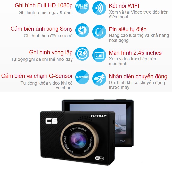 VietMap C6 - Camera Hành Trình Ô tô Có WiFi - Pin Siêu Tụ Điện