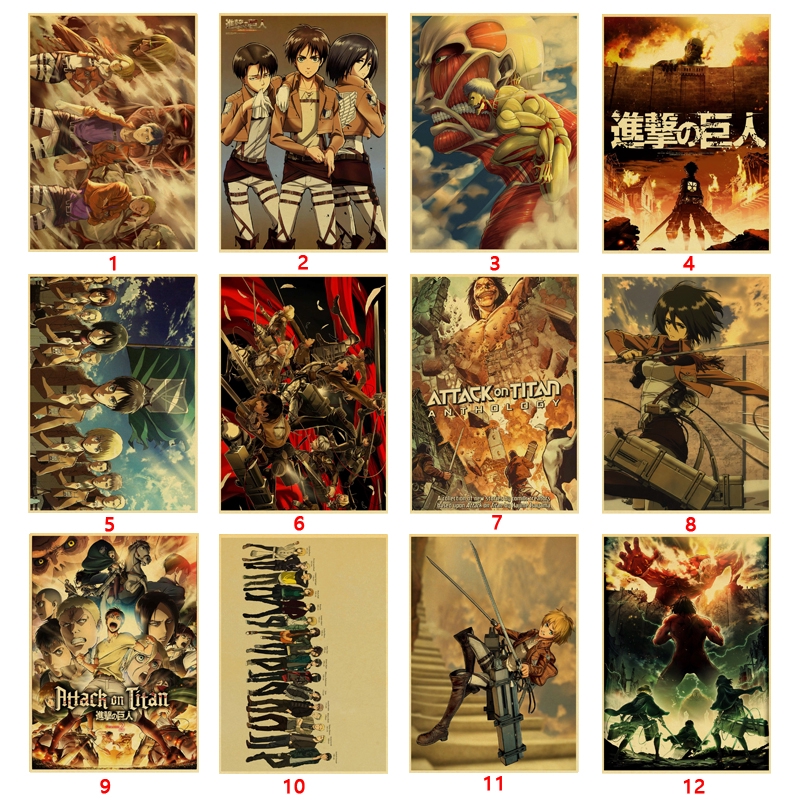 Áp phích treo tường trang trí nhà cửa/quán bar họa tiết anime nhật bản Attack on Titan bằng giấy kraft