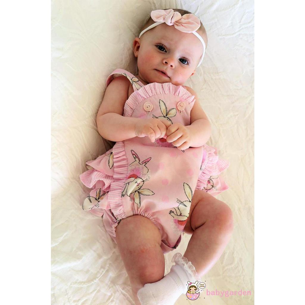 Bộ Áo Liền Quần In Hình Thỏ Màu Hồng Xếp Ly Dễ Thương Dành Cho Bé