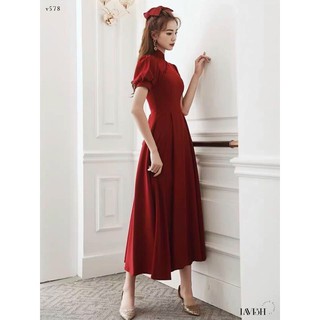 ĐẦM MIDI ĐỎ CỔ TÀU NÚT BỌC