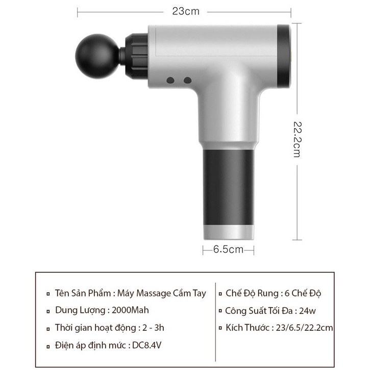 Máy mát xa gun cầm tay 4 đầu 6 chế độ tiện dụng , Súng massage cầm tay không dây, tích điện dùng 5H