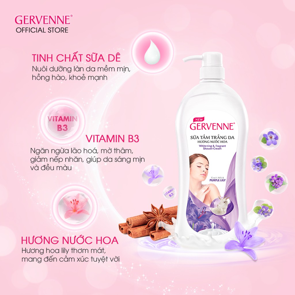 Sữa tắm trắng da Gervenne Purple Lily 900gr + Tặng Túi sữa tắm 380gr