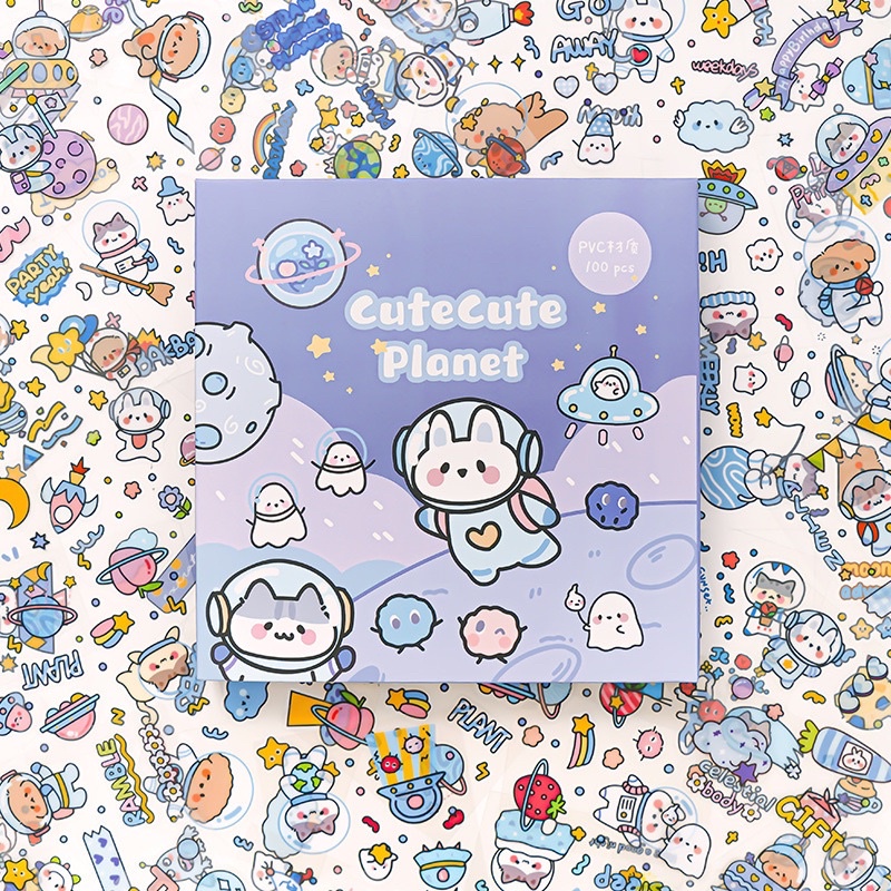 Hộp 100 tờ stickers giấy PET PVC dễ thương không trùng mẫu